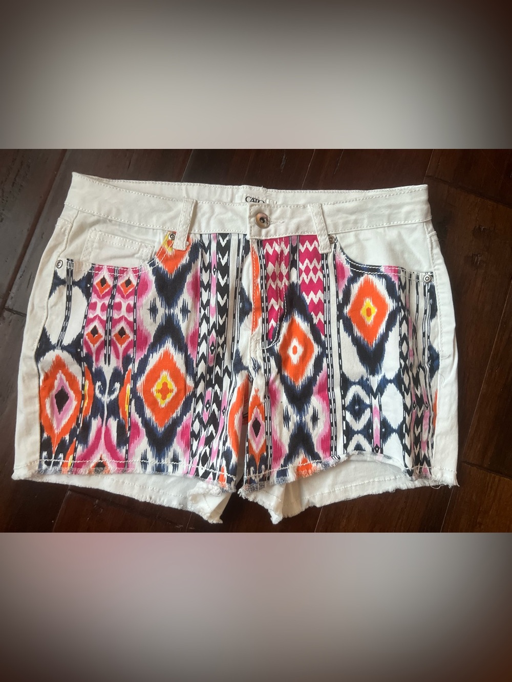 Cato White Aztec-Pattern Denim Shorts with Orange & Pink Accents